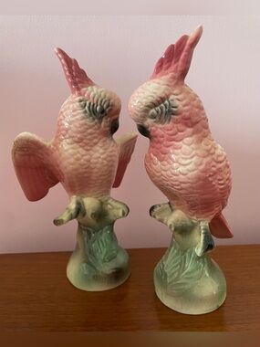 Pink Ceramic Cockatoo Bird Figurines - Pair